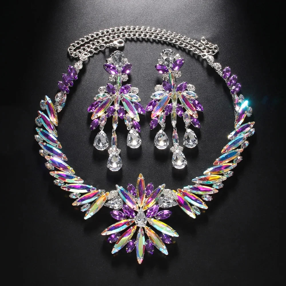 Flowers Necklace Earrings Set for Women Statement Rhinestones Jewellery Set