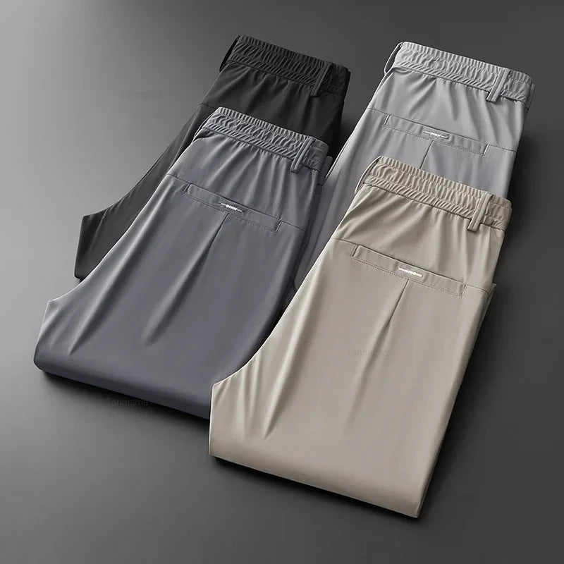 Ultra-thin Elastic Men's Casual Trousers Ice Silk Slim Straight Solid Colour Trousers Black Gary