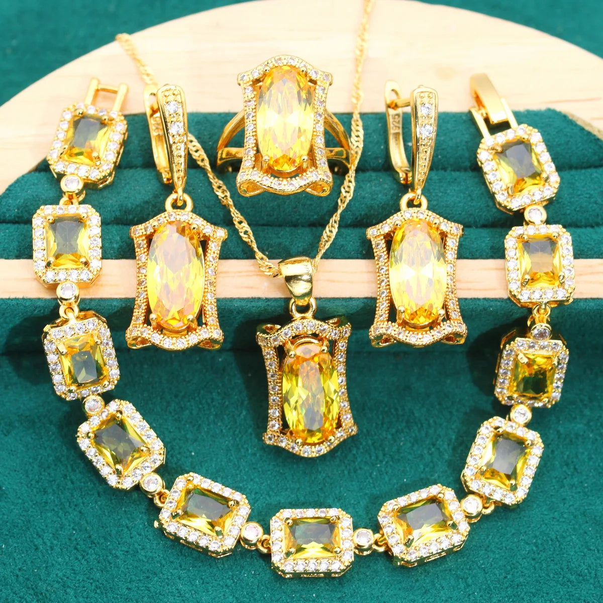 Shine Gold Color Jewelry Sets For Women Wedding Noble Yellow Zircon Bracelet Earrings Necklace Pendant Ring Dating Gifts - Hiron Store