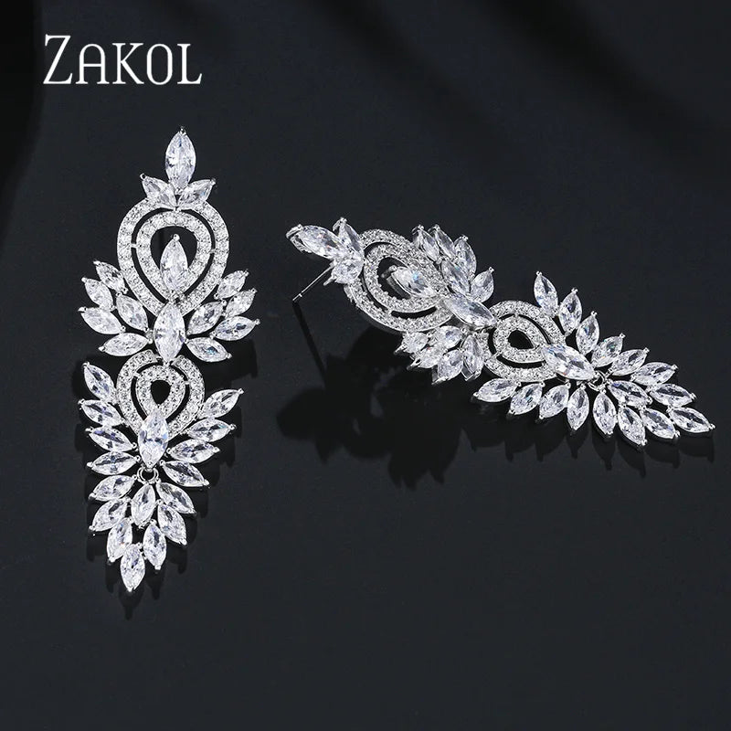 Leaf Marquise Zircon Long Drop Dangle Earrings