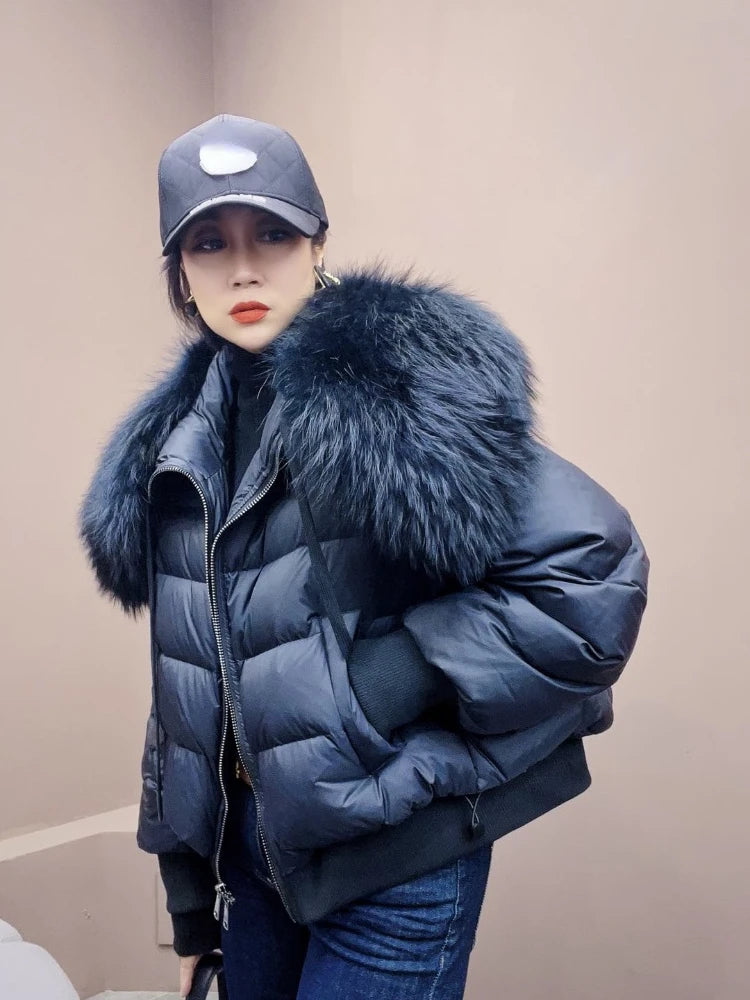 2024 Winter Puffer Jacket Women Large Fur Collar Short Female Parkas Thick Warm 90% Goose Down Coat Loose