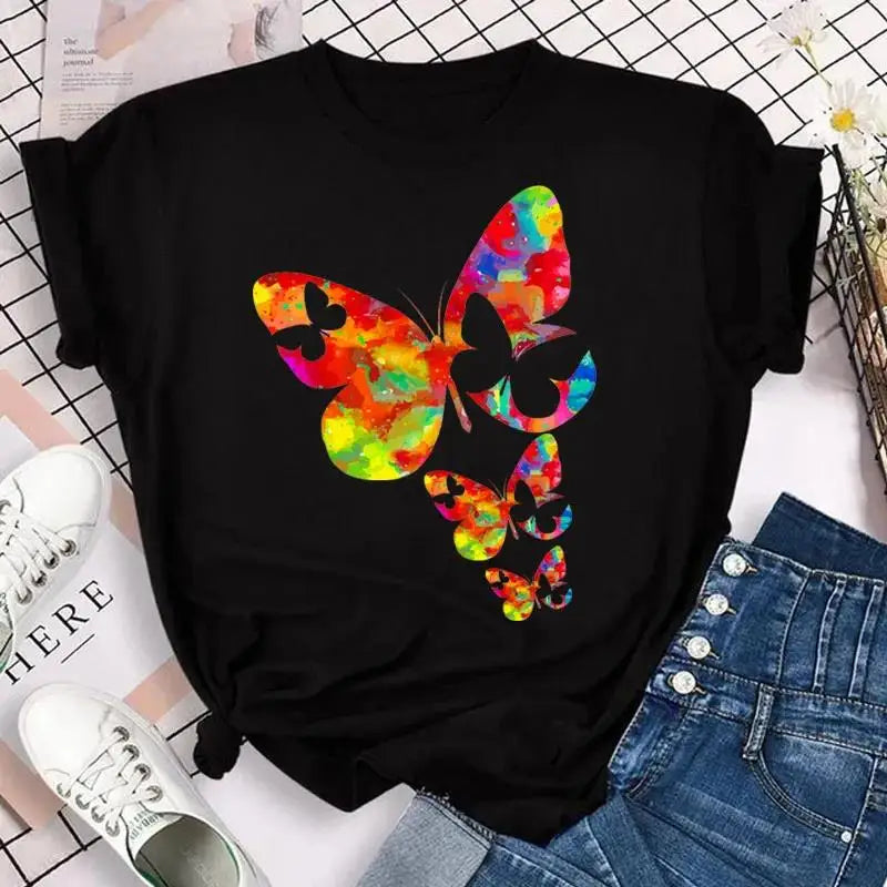 Fashion Women Men T Shirt Colorful Butterfly Petal Graphic Print T Shirt Casual Crew Neck Short Sleeve Plus Size T Shirt Unisex - Hiron Store