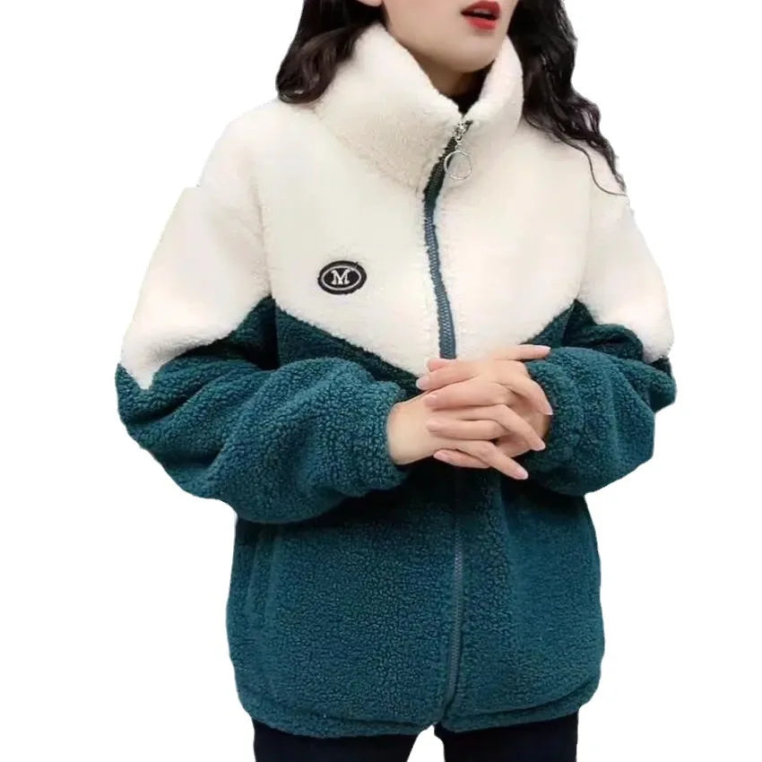 Women Jacket Colored Thickened Lamb Fleece Long Sleeve Overcoat Warm Topcoat