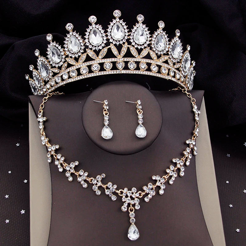 Quality Gold Color Pink Bridal Jewelry Sets for Wedding Dress Tiaras Crown Earrings Bride Necklace Set