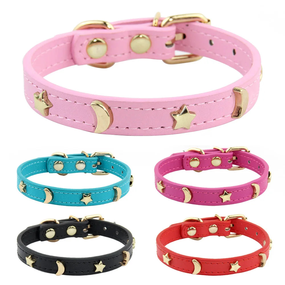 Cute Cat Soft Leather Pet Collars For Small Dog Kitten Puppy Necklace Cat Accessories  Star Moon Rivets