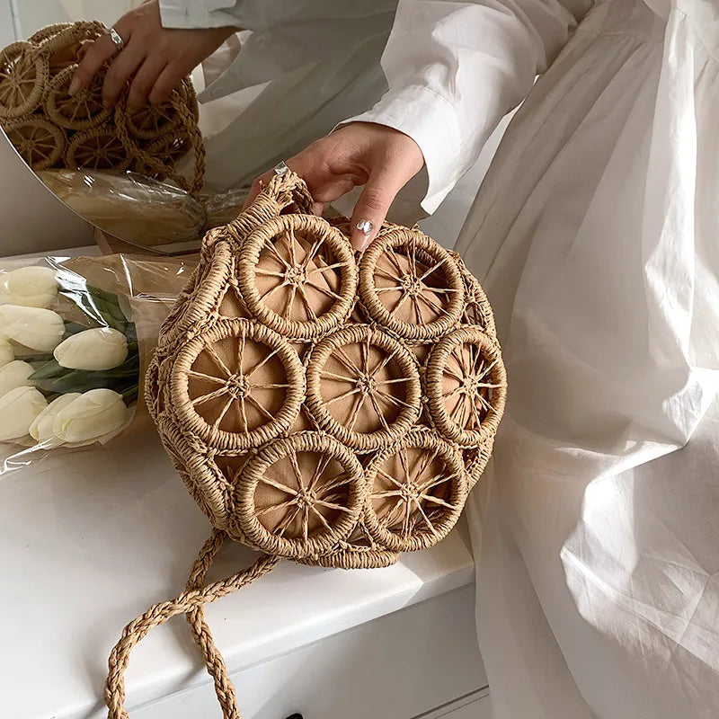 Summer Hollow Round Straw Bag For Women Casual Woven Handmade Crossbody Bag New Trendy Rattan Beach Bags Designer Circle Handbag - Hiron Store