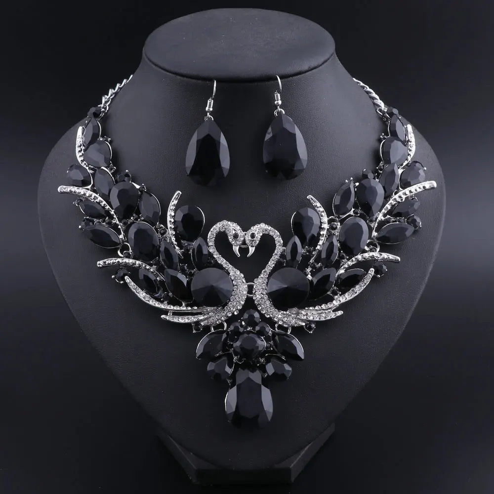 Black Crystal Bridal Jewelry Sets Gold Color Swan Pendant Necklace Earring set