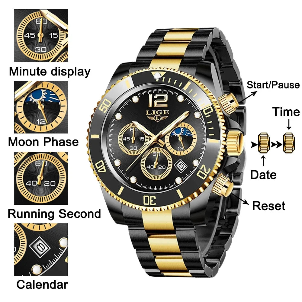 Luxury Man Watch Stainless Steel Quartz Wristwatches Luminous Waterproof Watches