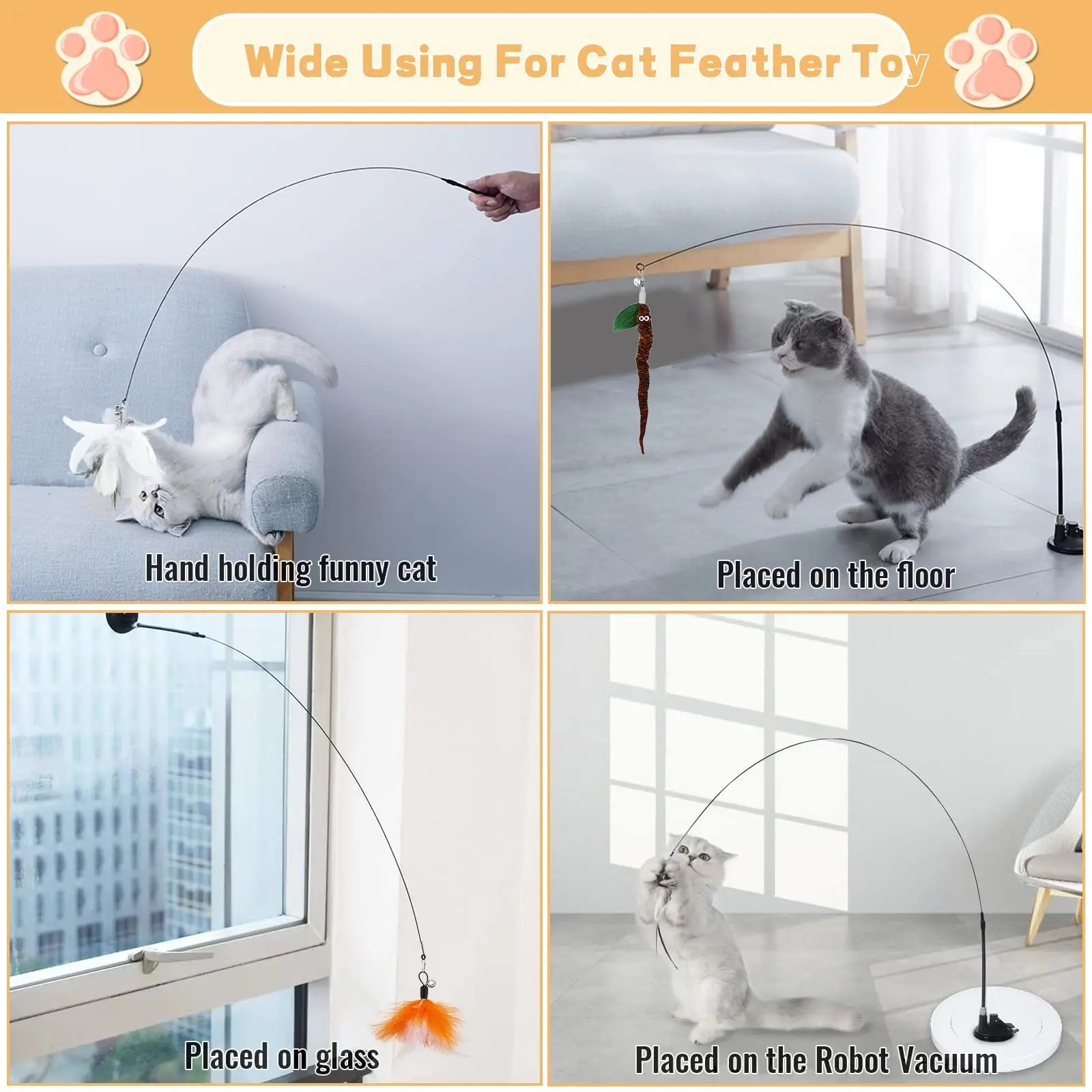 Cats Toys Feathers Wand Interactive Toy Kitten Toys with Super Suction Cup Detachable 2 PCS Feather Replacements Cat Accesorios - Hiron Store