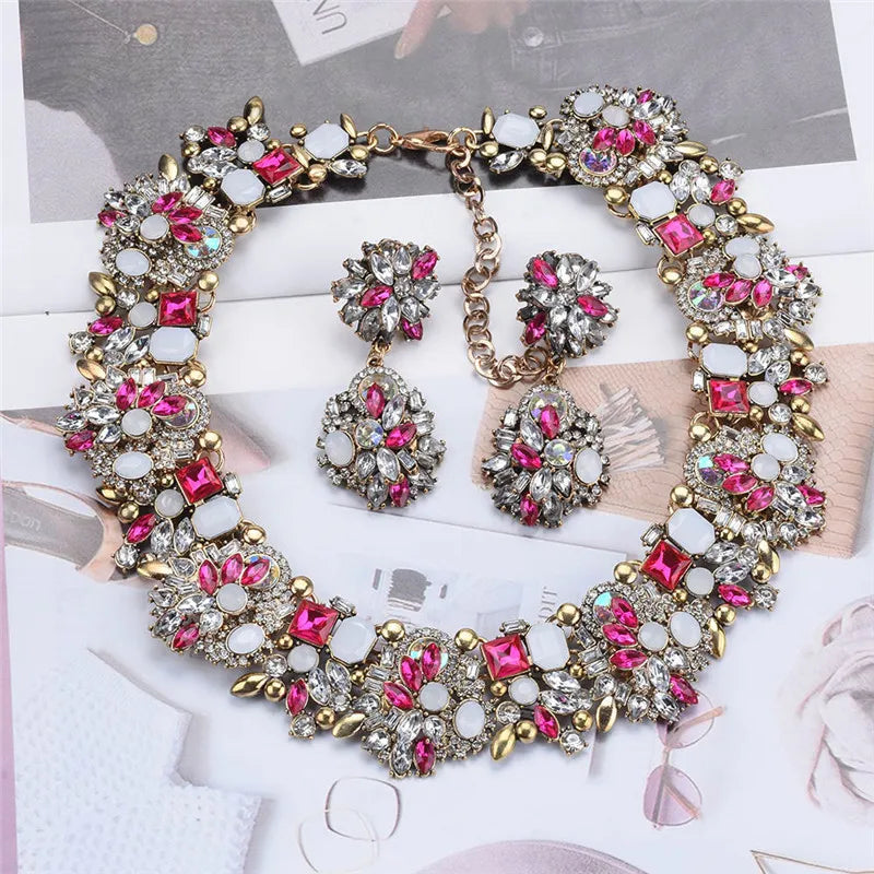 White Crystal Rhinestone Choker Necklace Earrings Women Jewelry Sets