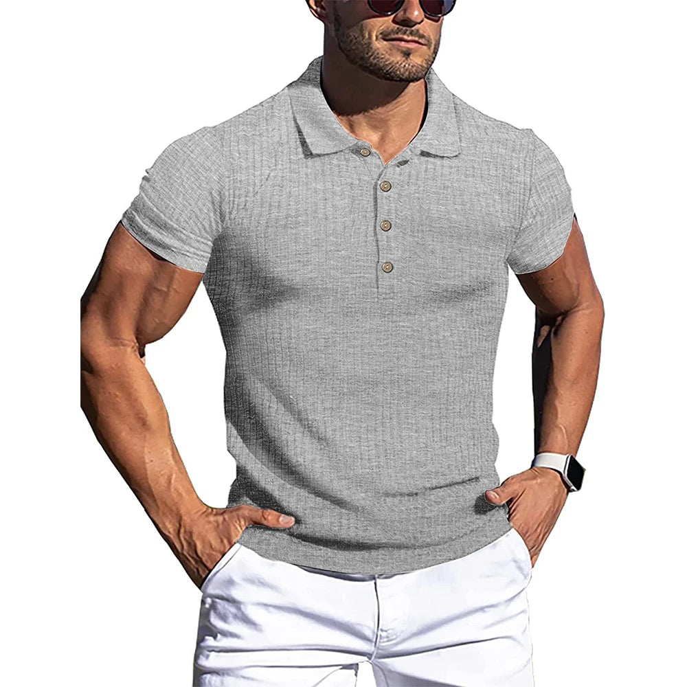 New Summer Polo Men Solid Stripe Fitness Elasticity Short Sleeve Polo Shirts for Men Fashion Stand Collar Mens Shirts - Hiron Store