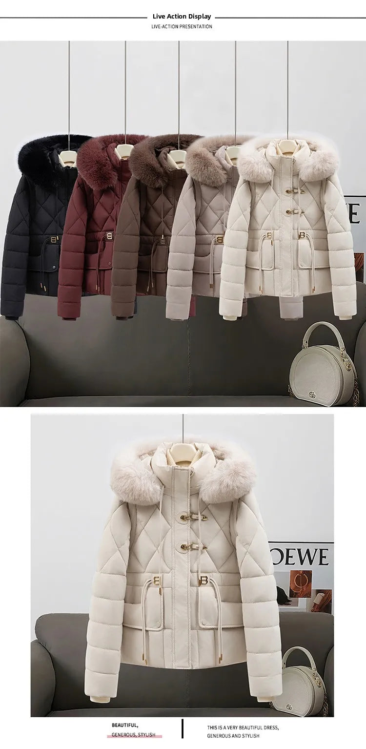 2026 New Women's down Cotton Jacket Short Thickened Large Fur Collar Loose Winter Coat