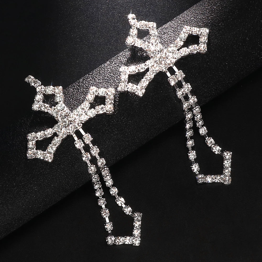 Bridal Crystal Cross Shape Long Earrings Sparkly Dangle Earrings