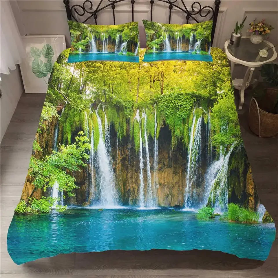 Waterfall Duvet Cover Set Natural Scenery Quilt Cover Pillowcase Landscape Forest Queen Size Polyester Bedding Set