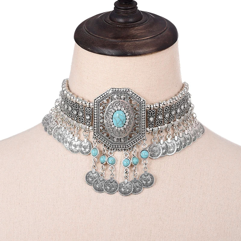 Ethnic Necklace Choker Crystal Rhinestone Beads Coin Tassel Jewellery