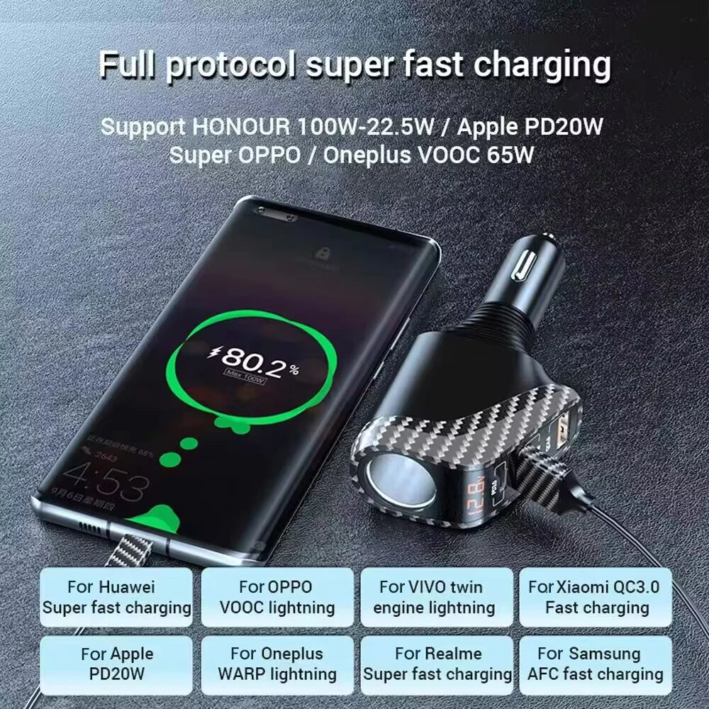 USB Car Charger With 90W Cigarette Lighter Expansion Port PD SCP FCP Quick Charge For iPhone Samsung Huawei