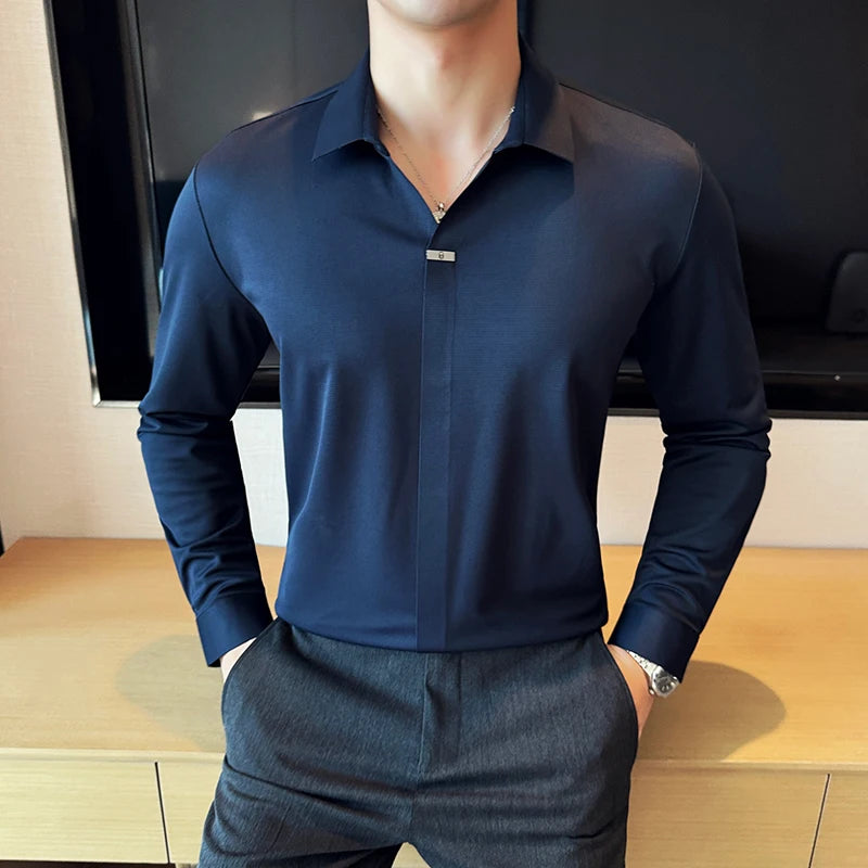 High Elastic V-neck Non-marking POLO Shirt, Autumn Long sleeved Casual Business, Solid Color  T-shirt, Men's Clothing