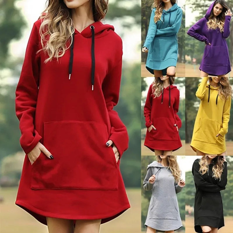 Women Fashion Hoodies Dress Spring Solid Big Pocket Sweatshirt Pop Hoody Casual Long Tops