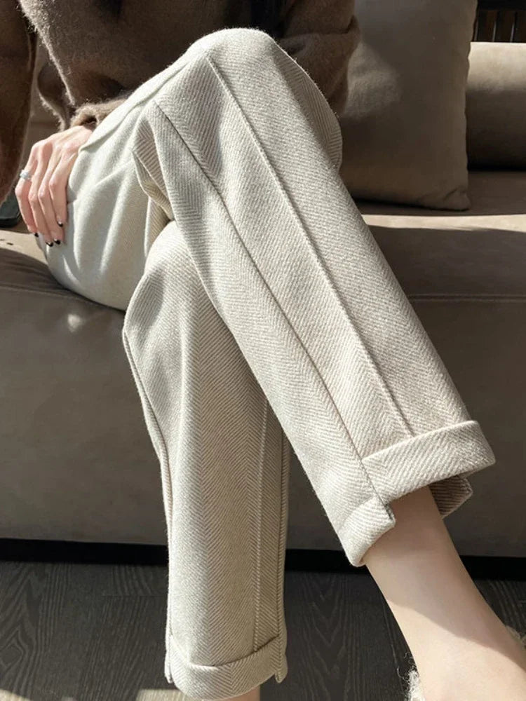 Warm Thickened Cropped Pants 2024 Winter Women' S Pants Loose Casual Herringbone High-waisted Tweed Straight Pants