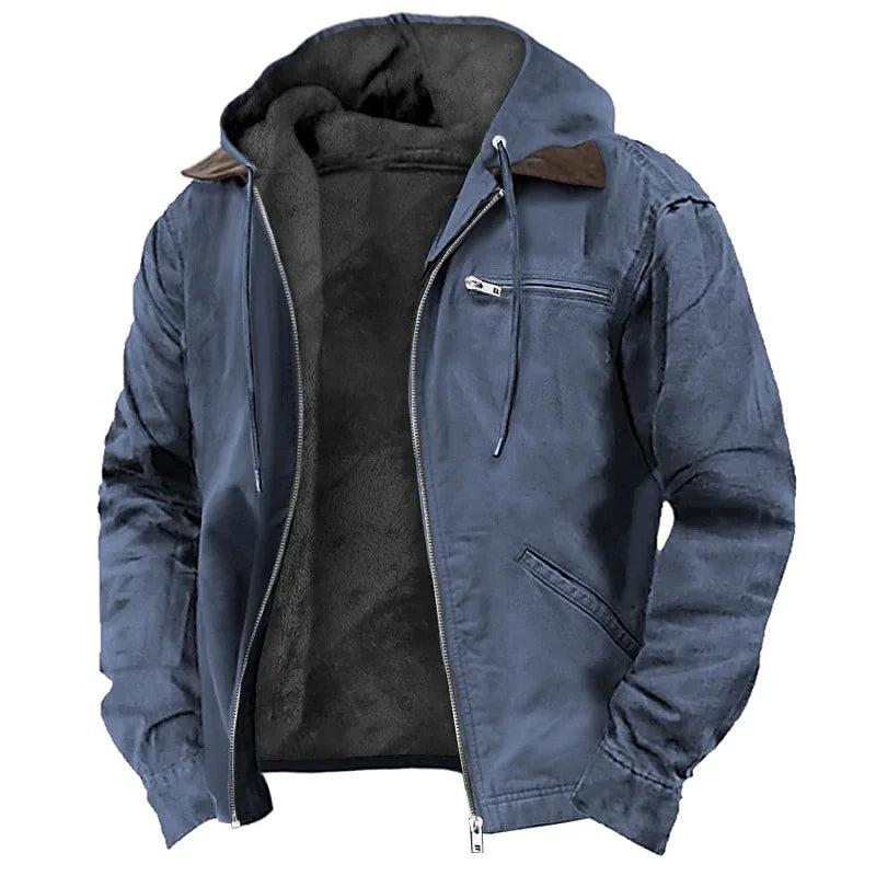 2026 men's European solid-color hooded   fleece jacket casual cotton zipper coat With pocket