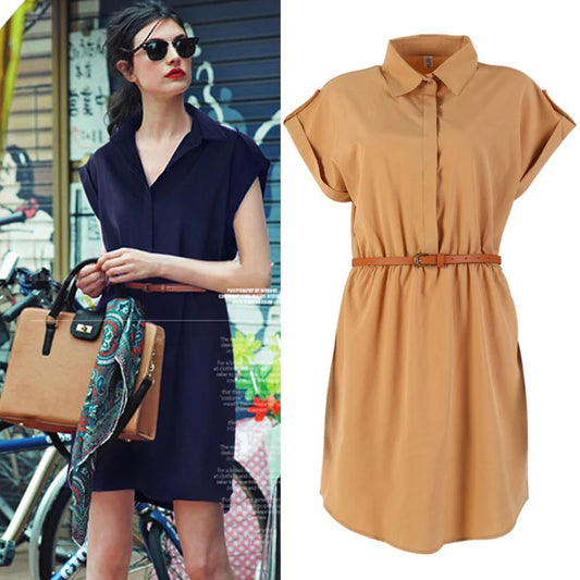 Ladies Chiffon Dress With Belt Plus Size Office Wear Slim Fit Spring Autumn Solid Color T-Shirt Dresses Versatile Casual - Hiron Store
