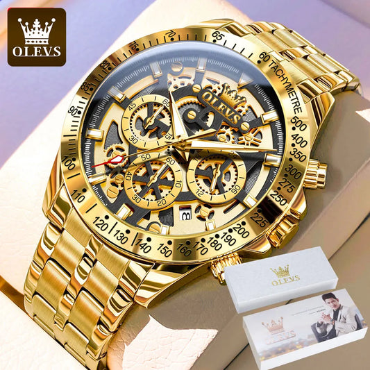 Brand Gold Men's Watches Full Skeleton Stainless steel Chronograph Waterproof Luminous Quartz Watch