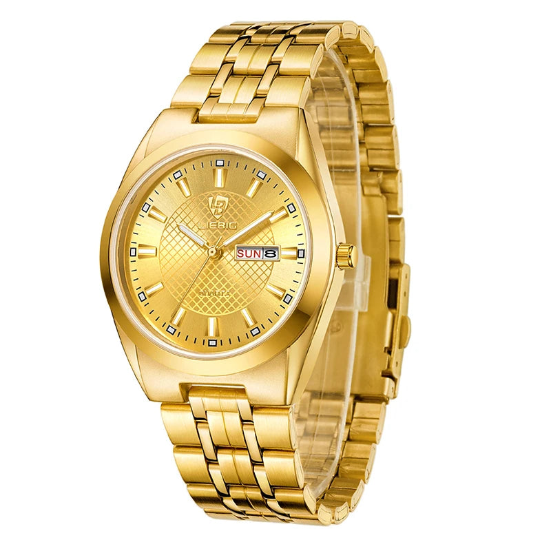 Men's and women Wristwatch Quartz Movement Stainless Steel Strap Time Date Casual Gold Watch