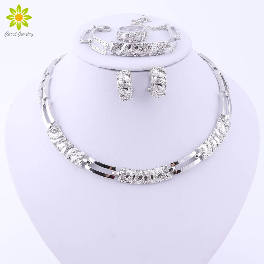 Silver Colour Jewellery Sets Crystal African Beads Necklace Earrings Ring Bracelet Set