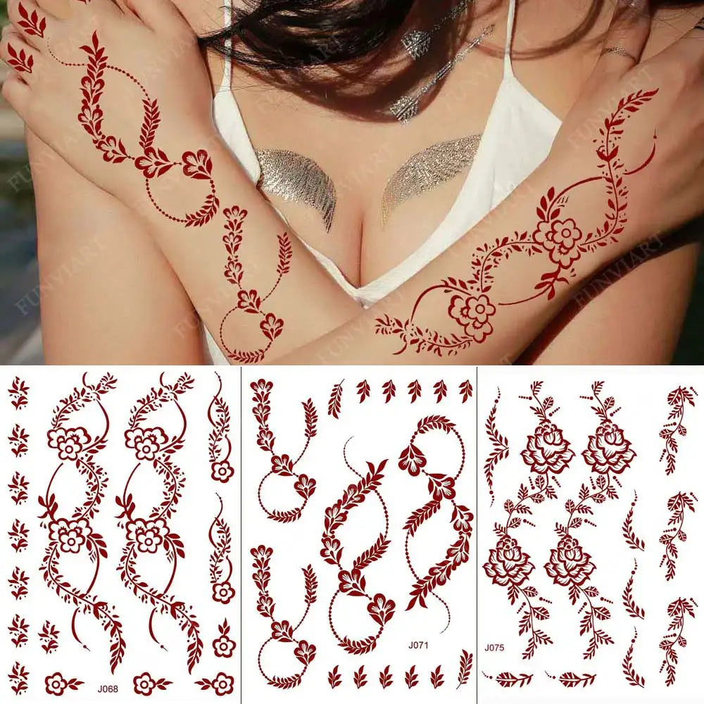 Brown Henna Tattoos for Hand Waterproof Temporary Fake Tattoos for Women Body Art Mehndi Stickers