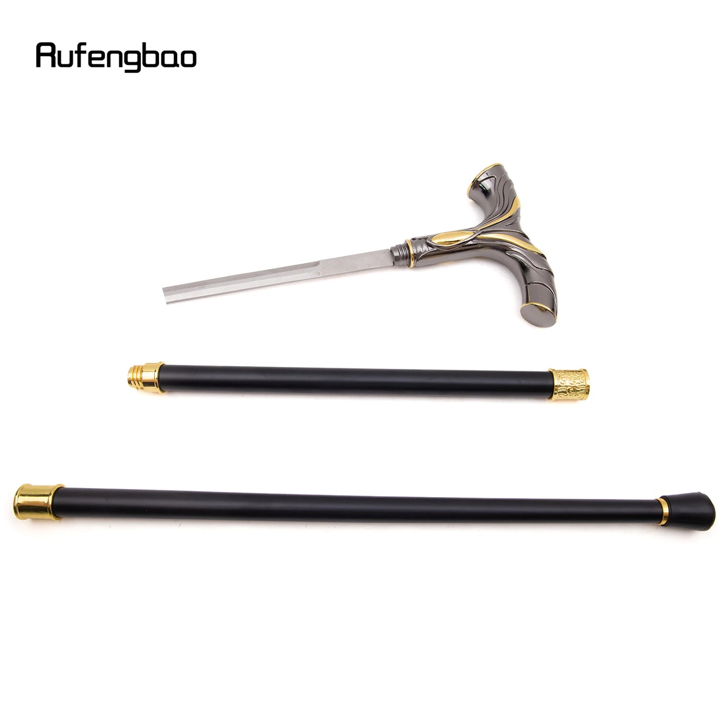 Golden Black Flowing Lines Handle Walking Stick with Hidden Plate Self Defense Fashion Stick