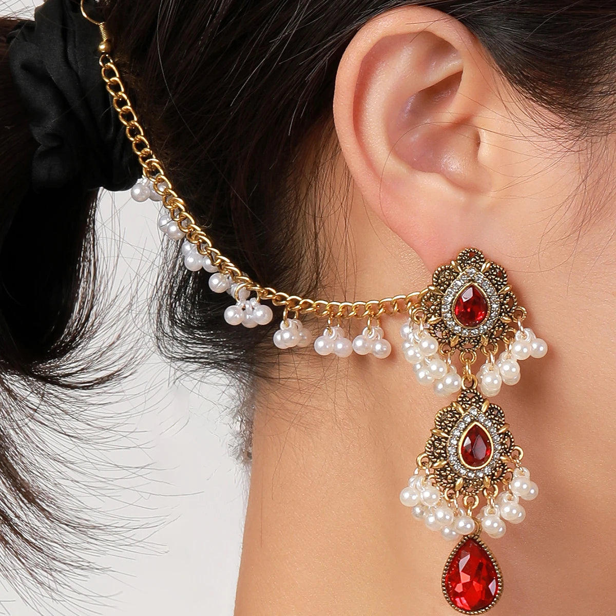 Boho Water Drop Long Earrings Headdress for Women Luxury Crystal Pearl Tassel Wedding Jewellery