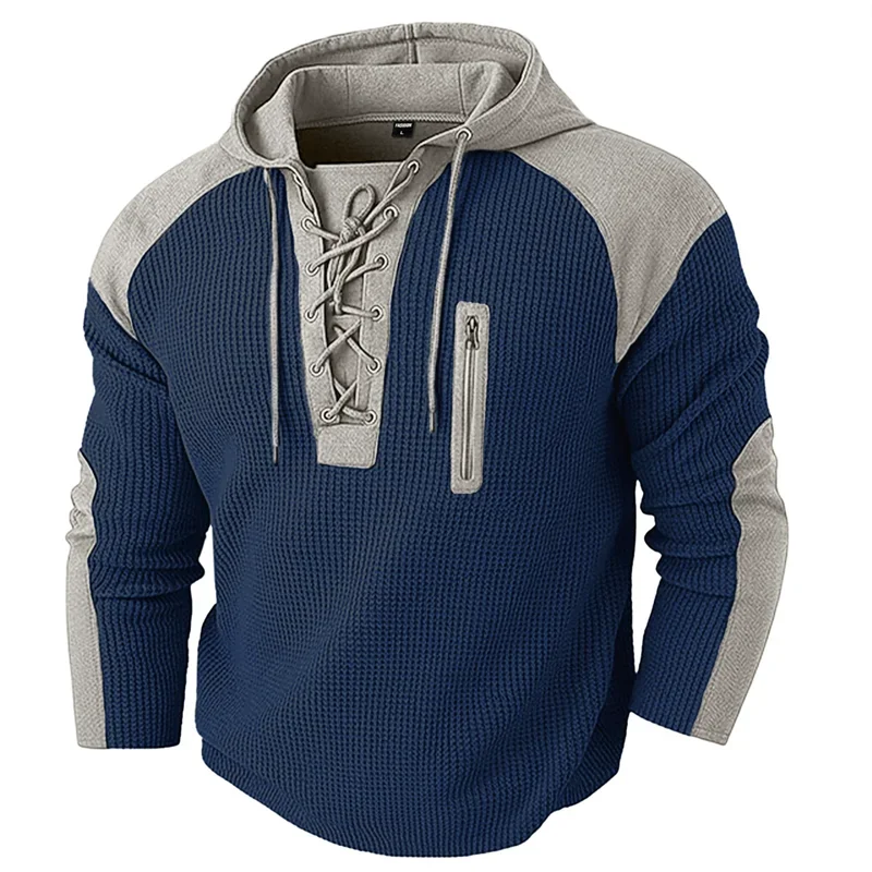 Spring Autumn Men's Casual Hooded Sweatshirt Vintage Patchwork Sports Pullover Fashion Drawstring Hoodie