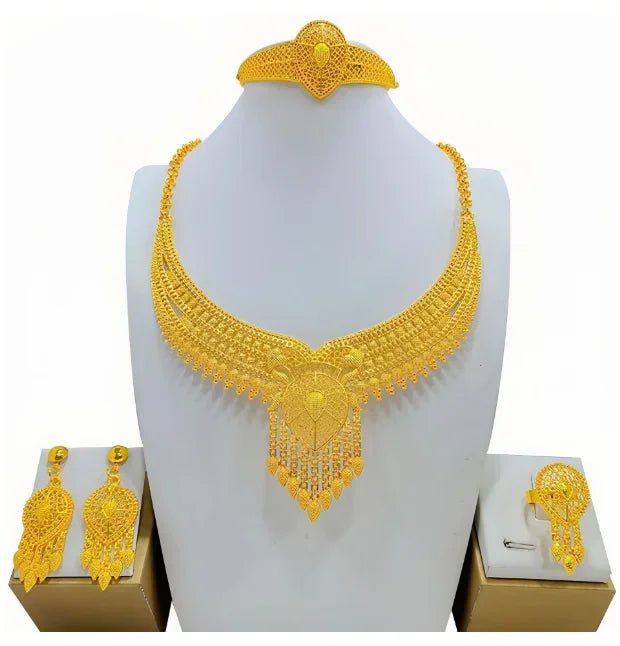 Fashion India Latest Design Jewelry Luxury African Jewelry Necklace Earrings Ring Bracelet Set Dubai Gold Color