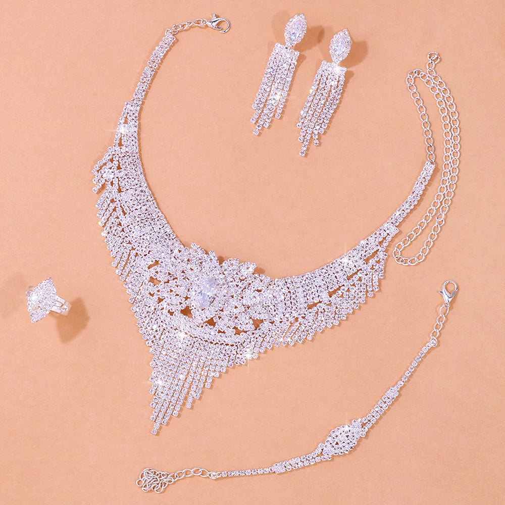 Luxury Indian Bridal Jewelry Sets Women Accessories Fashion Tassel Rhinestone Necklace Earrings Sets Wedding Jewelry - Hiron Store