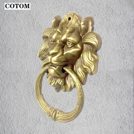 Vintage Brass Casting Lion Head Door Knocker Solid Wood Villa Courtyard Gate Ring Door Handle Pulls Knob Decoration