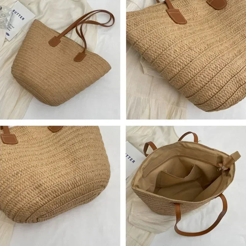 Women Braided Basket Clutches Top-handle Bag Large Straw Portable Shoulder Bags