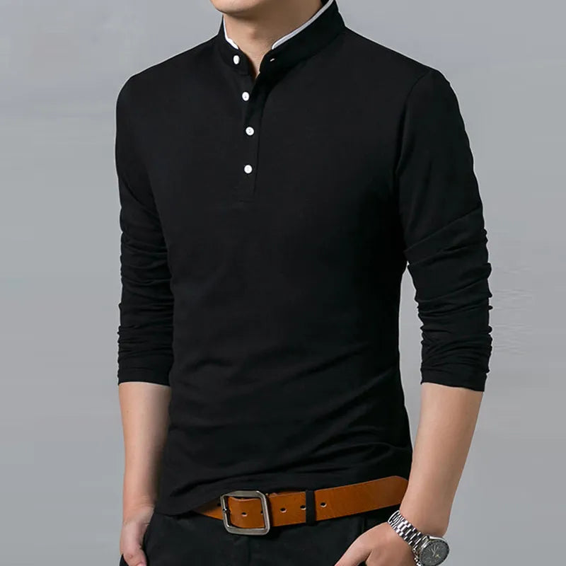 Men's Business Casual Polo Long Sleeve T-shirt Summer Comfortable and Breathable Solid Cotton Top - Hiron Store