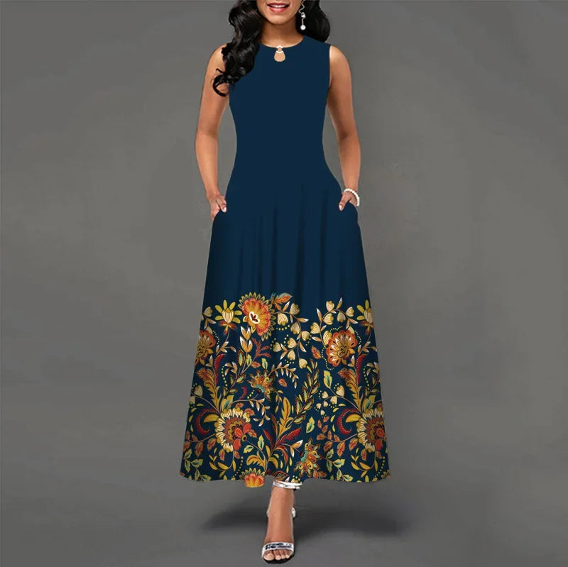 Flower Print New Casual Sleeveless Long Dress Women's V-Neck Printed Dress Swing Bohemian Retro Dresses - Hiron Store