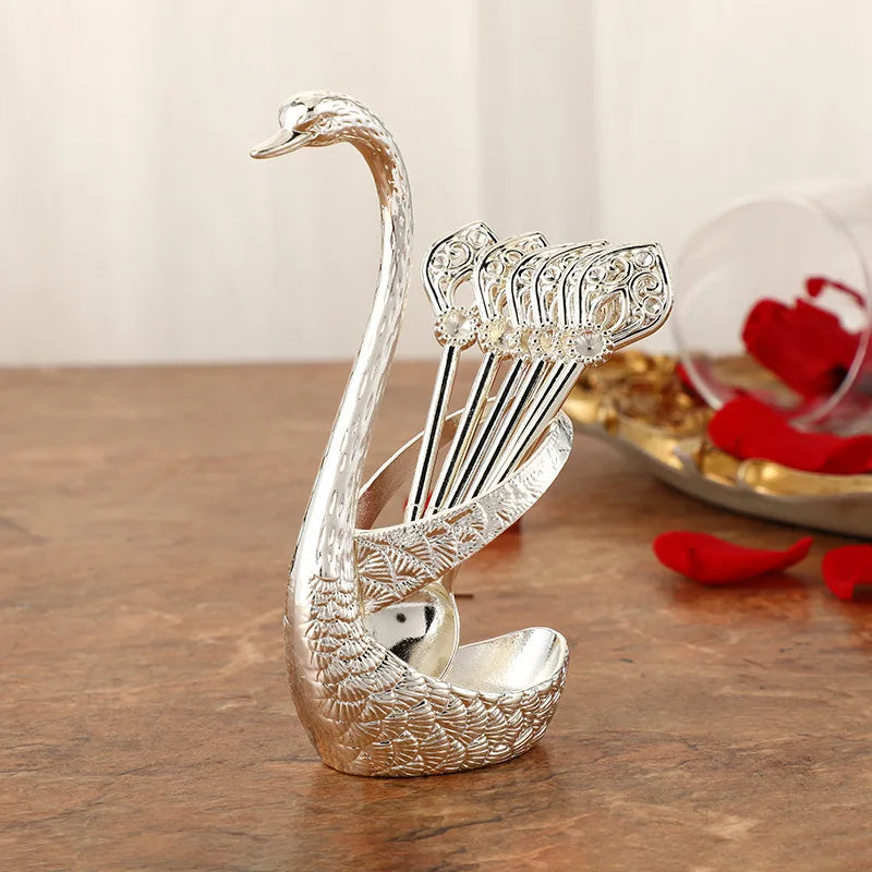 Steel Creative Dinnerware Set Decorative Swan Base Holder With 6 Spoons For Coffee Fruit Dessert Stirring Mixing