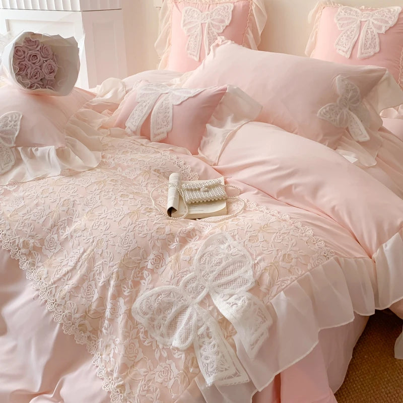 Princess Bedding Set Coquette Lace Bow Beauty Solid Colour Comforter Sets Luxury  Duvet Cover