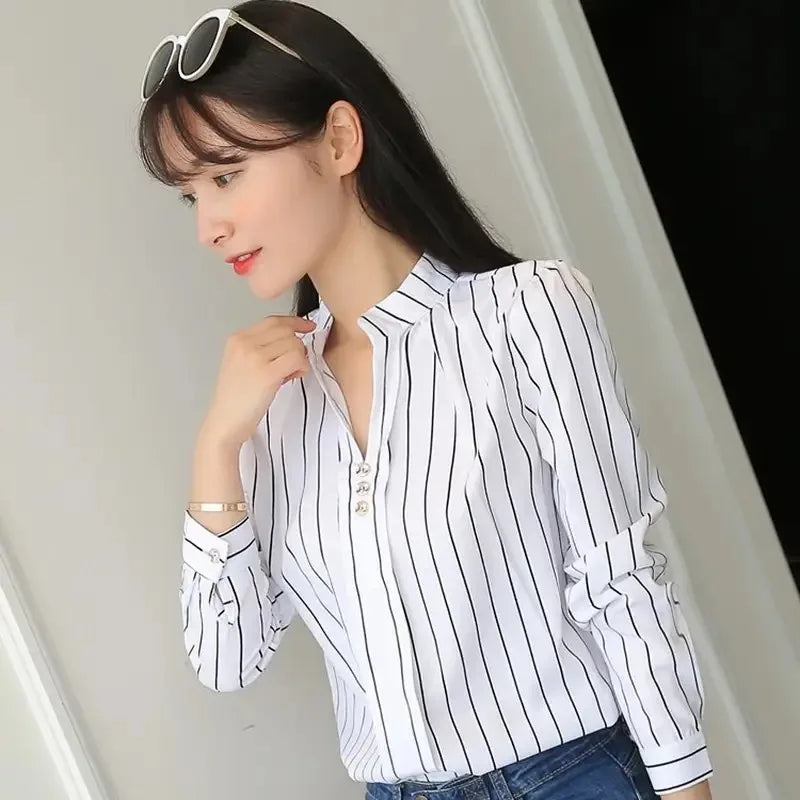 Women White Tops Blouses Fashion Stripe Print Casual Long Sleeve Office Lady OL Shirts Slim Blusas DF4970 - Hiron Store