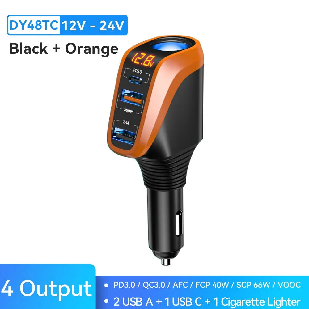 USB Car Charger With 90W Cigarette Lighter Expansion Port PD SCP FCP Quick Charge For iPhone Samsung Huawei