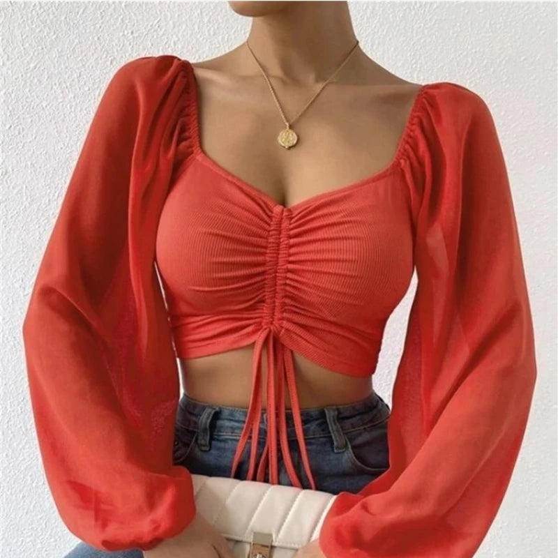 ALLUKASA Sexy Mesh Lantern Sleeves Drawstring Wrap Chest Bare Midriff T Shirt Women Long Sleeves Bottoming - Hiron Store