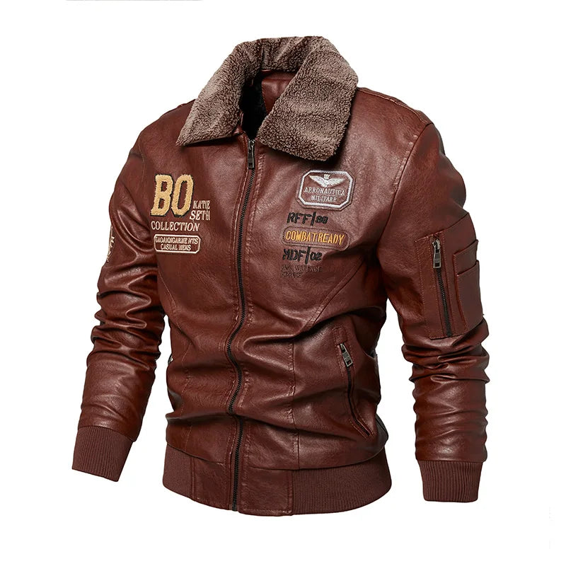 Men's Leather Jacket High-Quality Fur Collar Winter Thick Coat Original Embroidered Men Clothing