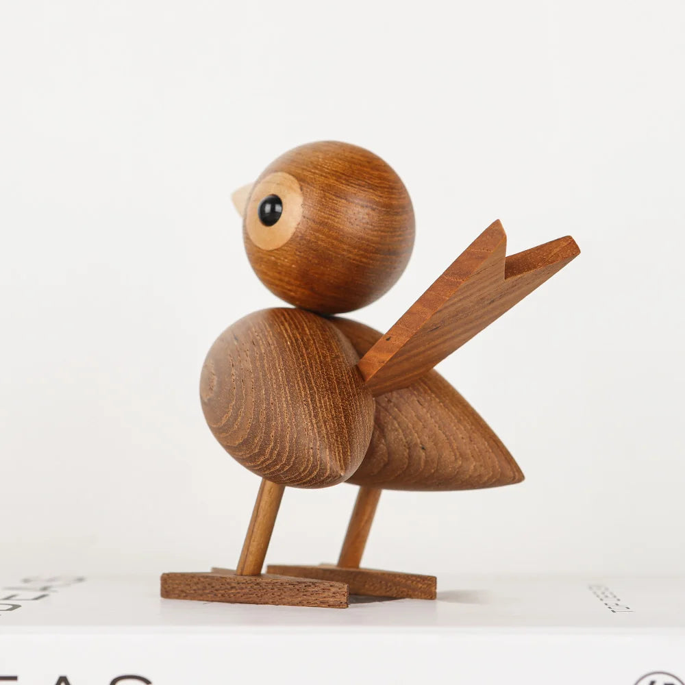 Nordic Style Oak Sparrow Figurine Wooden Dolls Lovely Nature Teak Wood Bird Figures Ornament