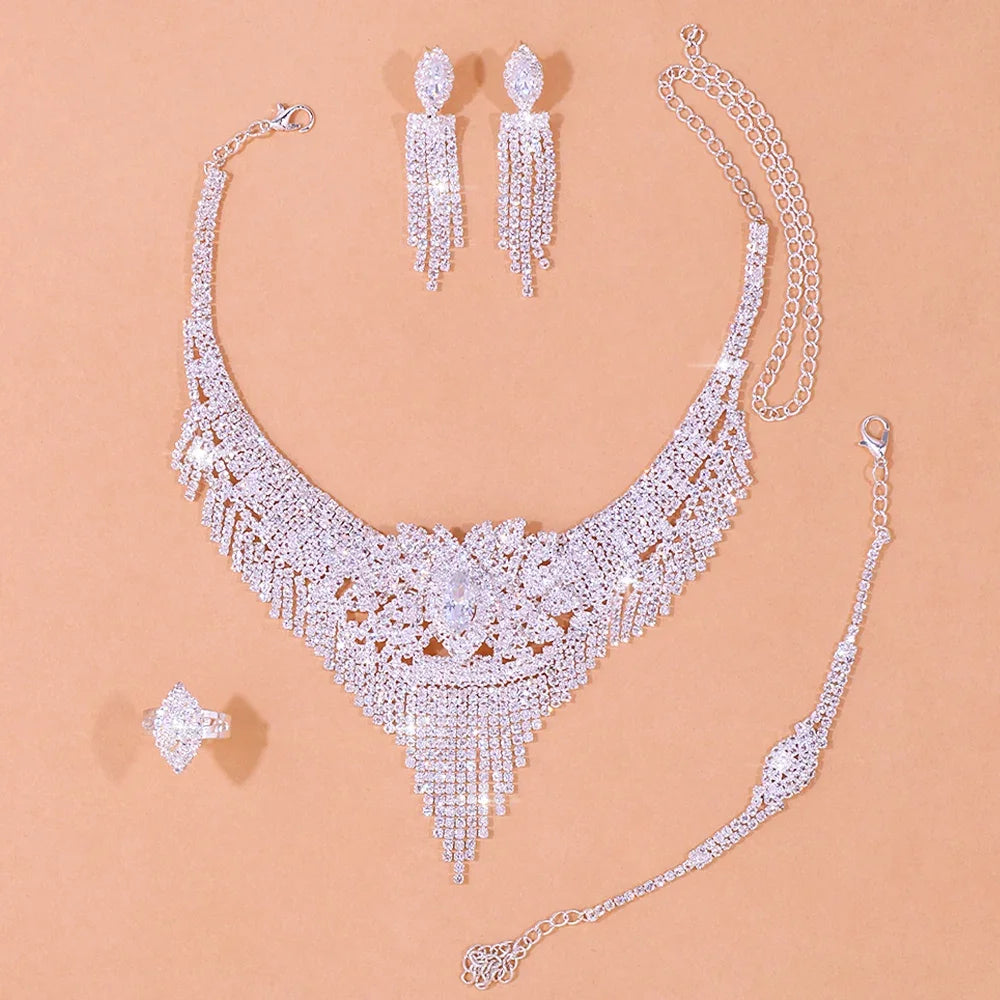 Stonefans 4pcs Indian Bridal Jewelry Sets for Women Rhinestone Necklace Earrings Sets