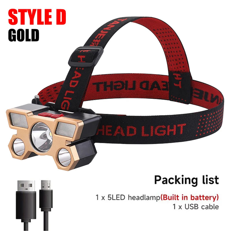 5 LED Headlamp Rechargeable with Built in 18650 Battery Strong Light Headlight Camping Adventure Fishing Head Light Flashlight - Hiron Store