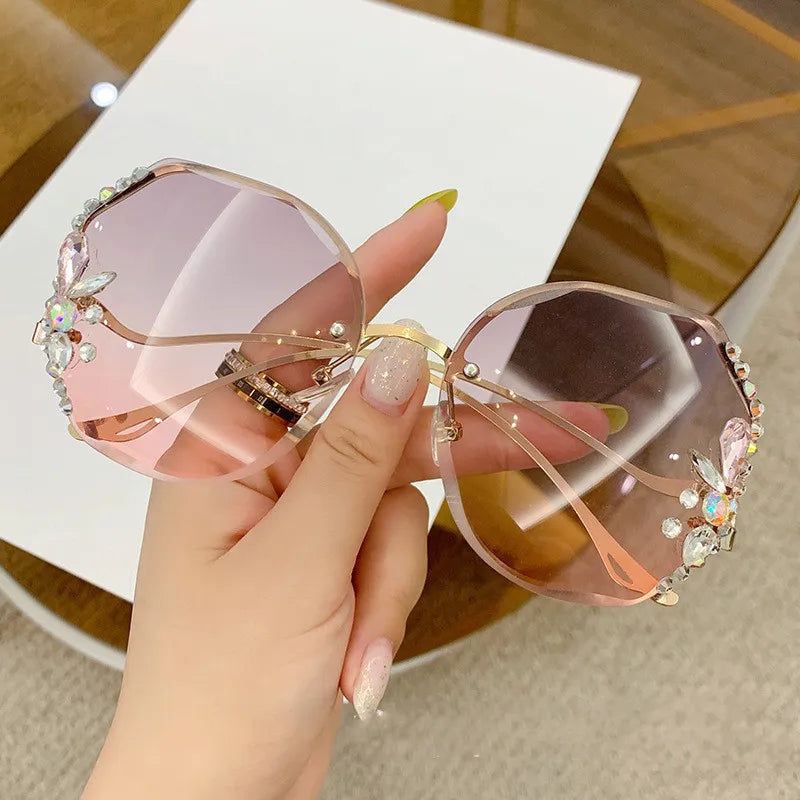 Luxury Fashion Oversized Rimless Sunglasses Women Fashion Brand Designer Big Frame Diamond Square Sun Glasses For Female - Hiron Store