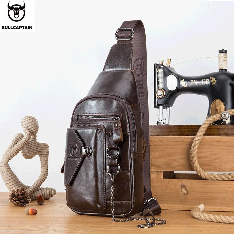 Genuine Leather Men's Chest Bag Shoulder Messenger Bags Chest Fashion Brand Multifunctional Mobile Phone Bag's