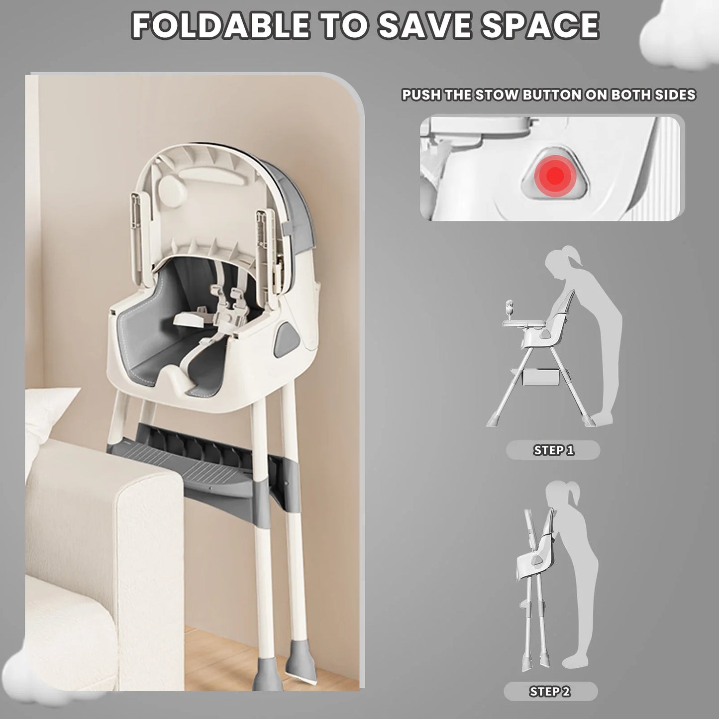 Foldable Baby High Chair 6 Months Plus, with Large Antislip Pad & ToyRack